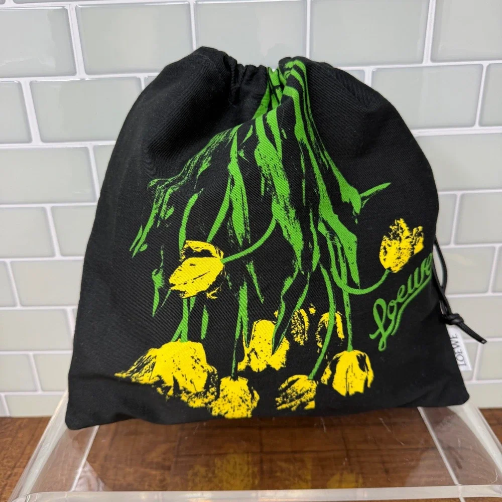LOEWE Black Canvas Yellow Floral Tulip Drawstring Pouch Bag FLAWED